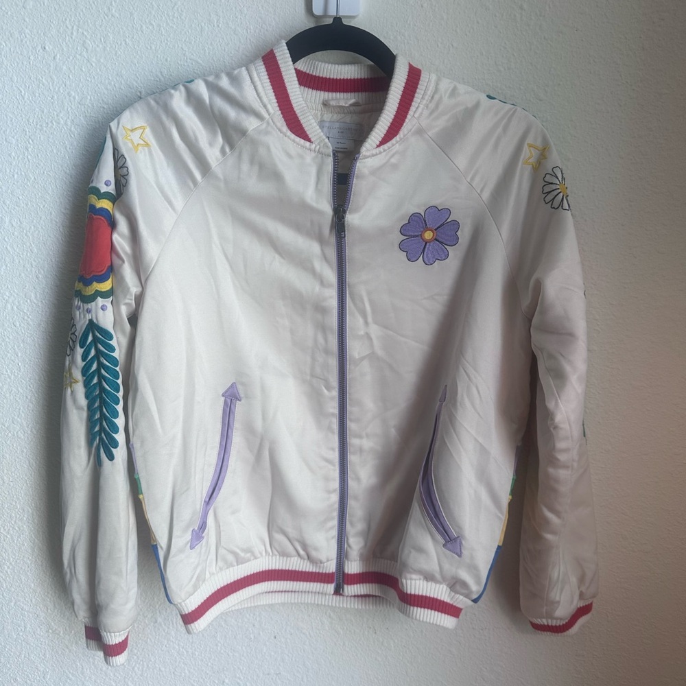 STELLA McCARTNEY KIDS CREAM FLORAL AND RAINBOW BACK EMBROIDERED BOMBER JACKET